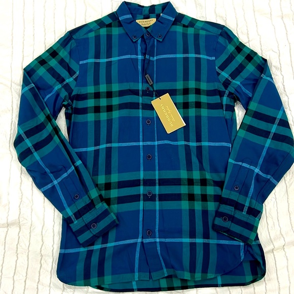 Burberry Green Blue Plain Cotton Long Sleeve Shirt – Size S – Authentic Designer - Picture 1 of 4